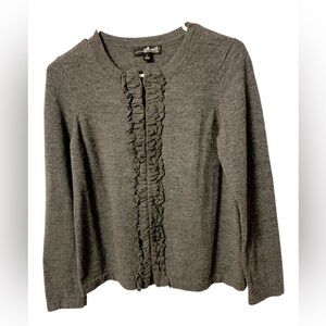 willi smith wool 100% marino gray sweater front ruffles zipper